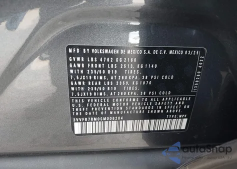 2025 Volkswagen Tiguan 2.0T Se z USA, uszkodzony, nr VIN 3VVFR7RM0SM006204